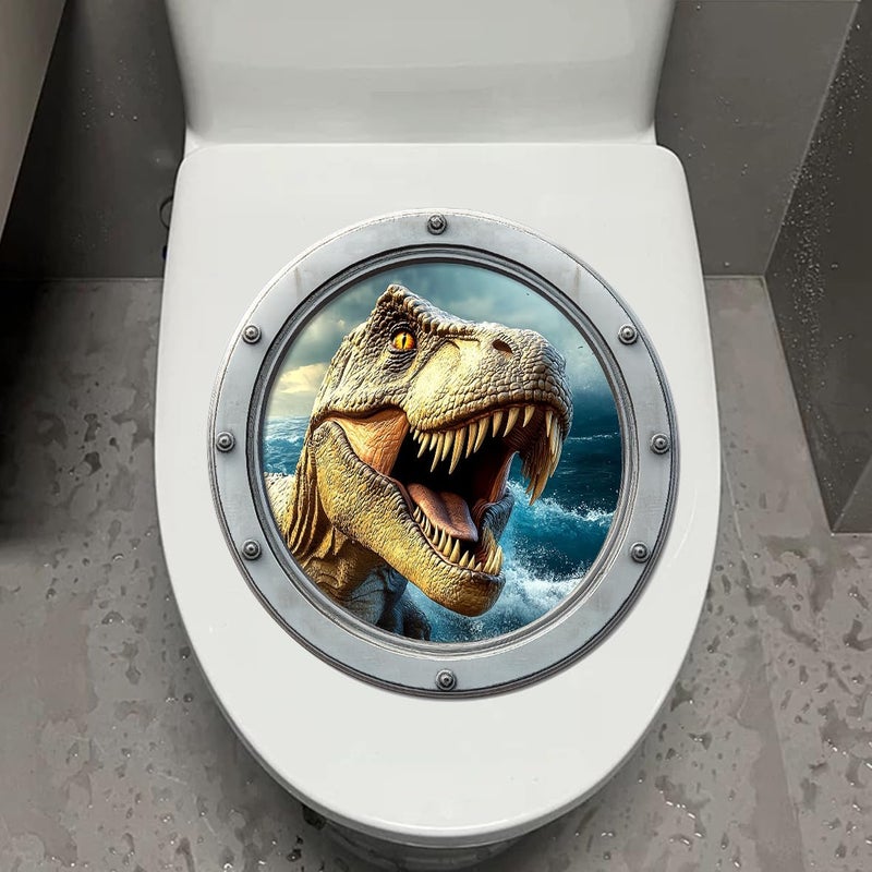 Iprokiu Funny Animal Toilet Seat Cover Sticker Waterproof Shark Dolphin Toilet Seat Lid Decal 3D Bathroom Decoration Turtle Dinosaur Wall Sticker (Dinosaur) - Image 2